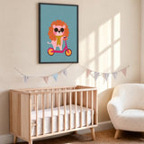 Cartoon Lion Scooter Kids Wall Art – Pink Scooter on Teal Background