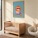 Cartoon Lion Scooter Kids Wall Art – Pink Scooter on Teal Background