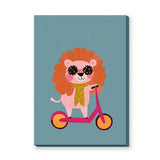 Cartoon Lion Scooter Kids Wall Art – Pink Scooter on Teal Background