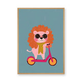 Cartoon Lion Scooter Kids Wall Art – Pink Scooter on Teal Background