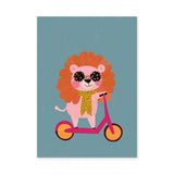 Cartoon Lion Scooter Kids Wall Art – Pink Scooter on Teal Background