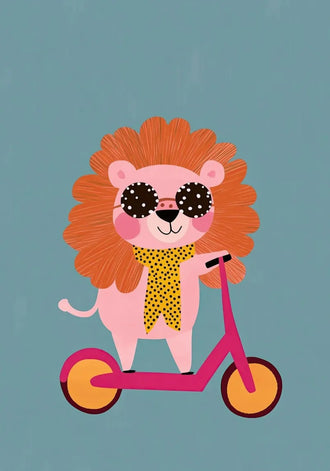 Cartoon Lion Scooter Kids Wall Art – Pink Scooter on Teal Background