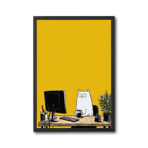 Cat at Desk Aesthetic Office Décor Poster, Cute Cat Wall Décor