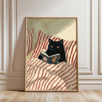 Cat Reading Book Aesthetic Wall Poster, Cozy Cat Wall Print for Book Lovers