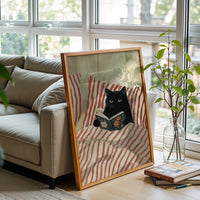 Cat Reading Book Aesthetic Wall Poster, Cozy Cat Wall Print for Book Lovers