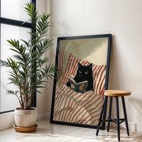Cat Reading Book Aesthetic Wall Poster, Cozy Cat Wall Print for Book Lovers