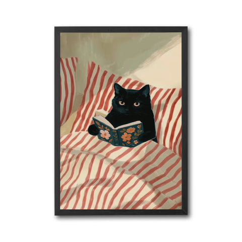Cat Reading Book Aesthetic Wall Poster, Cozy Cat Wall Print for Book Lovers