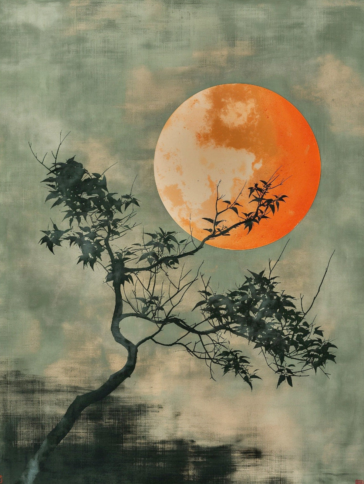 Japandi Wall Décor, Understated Japanese Art, Scandinavian Minimalistic Art, Japanese Décor Poster, Sun Orange Green Art on Canvas High Quality Print