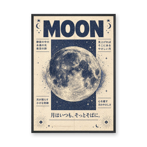 Celestial Typography Vintage Wall Art – Japanese Moon Poster in Navy and Cream
