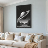 Celestial Vintage Wall Art – Black and White Saturn Mountain Lake