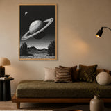 Celestial Vintage Wall Art – Black and White Saturn Mountain Lake