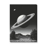Celestial Vintage Wall Art – Black and White Saturn Mountain Lake