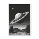 Celestial Vintage Wall Art – Black and White Saturn Mountain Lake
