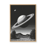 Celestial Vintage Wall Art – Black and White Saturn Mountain Lake