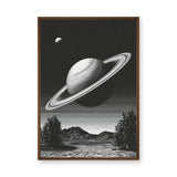 Celestial Vintage Wall Art – Black and White Saturn Mountain Lake