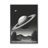 Celestial Vintage Wall Art – Black and White Saturn Mountain Lake