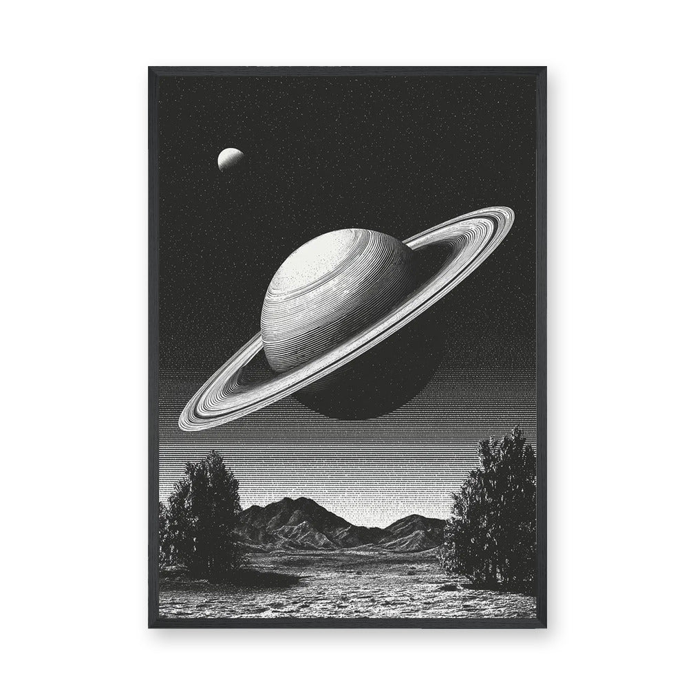 Celestial Vintage Wall Art – Black and White Saturn Mountain Lake