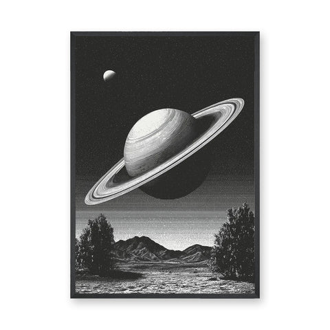 Celestial Vintage Wall Art – Black and White Saturn Mountain Lake