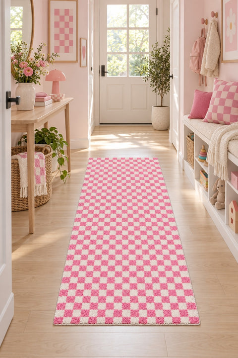 Checkerboard Kids Area Rug in a hallway