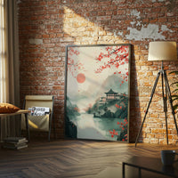 Cherry Blossom Temple Sunrise Wall Poster, Japanese Landscape Print with Serene Lake View for Peaceful Home Decor