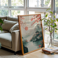 Cherry Blossom Temple Sunrise Wall Poster, Japanese Landscape Print with Serene Lake View for Peaceful Home Decor