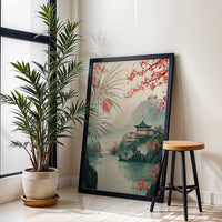 Cherry Blossom Temple Sunrise Wall Poster, Japanese Landscape Print with Serene Lake View for Peaceful Home Decor