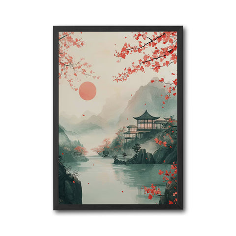 Cherry Blossom Temple Sunrise Wall Poster, Japanese Landscape Print with Serene Lake View for Peaceful Home Decor
