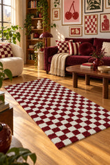 Chess Checkered Traditional Area Rug – Ecru in a living room