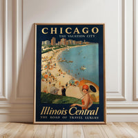 Chicago The Vacation City Retro Wall Poster | Illinois Central Travel Wall Poster