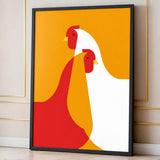 Chicken Minimalist Wall Art – Abstract Red and White Birds on Orange