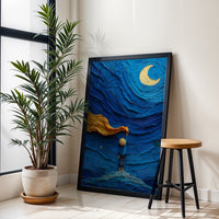 Child Reaching for Moon Aesthetic Print, Dreamy Night Sky Wall Print