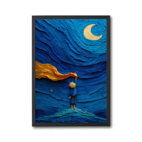 Child Reaching for Moon Aesthetic Print, Dreamy Night Sky Wall Print