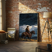 Cinematic Cowboy Under Stormy Sky Décor Poster | Western Horseback Home Wall Poster