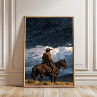 Cinematic Cowboy Under Stormy Sky Décor Poster | Western Horseback Home Wall Poster
