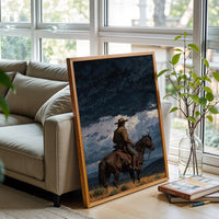 Cinematic Cowboy Under Stormy Sky Décor Poster | Western Horseback Home Wall Poster