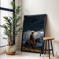 Cinematic Cowboy Under Stormy Sky Décor Poster | Western Horseback Home Wall Poster