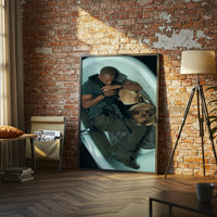 Cinematic Man and Dog in Bathtub Print, Emotional Wall Print