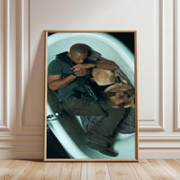 Cinematic Man and Dog in Bathtub Print, Emotional Wall Print