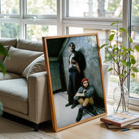 Cinematic Movie Scene Wall Poster – Man and Girl in Hallway Print