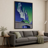 Cityscape Art Deco Wall Art – Night Skyline with Vintage Green Car