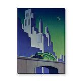 Cityscape Art Deco Wall Art – Night Skyline with Vintage Green Car