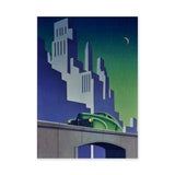 Cityscape Art Deco Wall Art – Night Skyline with Vintage Green Car