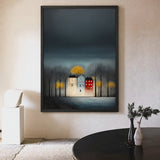 Cityscape Modern Wall Art – Moody Glowing Houses Under a Dark Sky