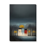 Cityscape Modern Wall Art – Moody Glowing Houses Under a Dark Sky