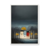 Cityscape Modern Wall Art – Moody Glowing Houses Under a Dark Sky