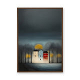Cityscape Modern Wall Art – Moody Glowing Houses Under a Dark Sky