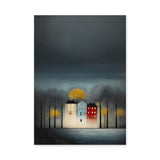 Cityscape Modern Wall Art – Moody Glowing Houses Under a Dark Sky