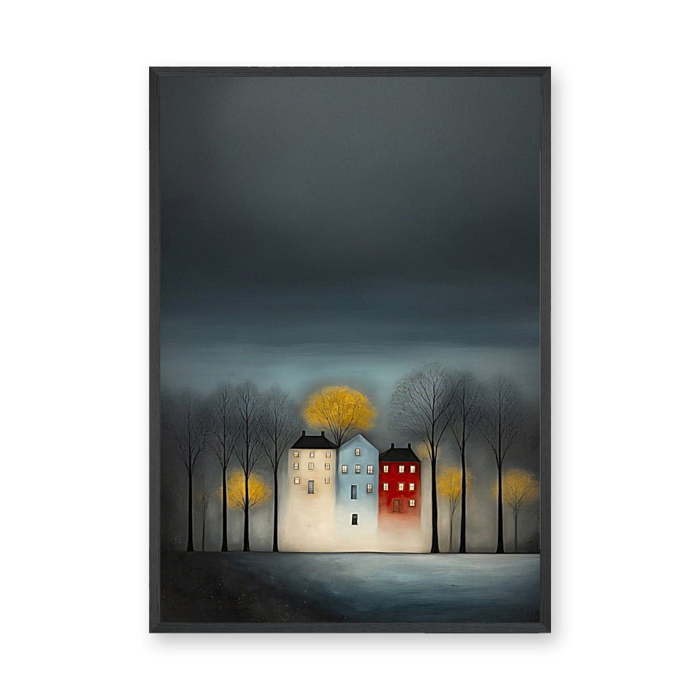 Cityscape Modern Wall Art – Moody Glowing Houses Under a Dark Sky