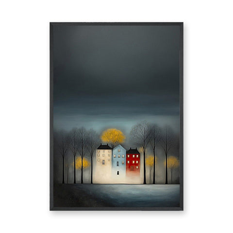 Cityscape Modern Wall Art – Moody Glowing Houses Under a Dark Sky