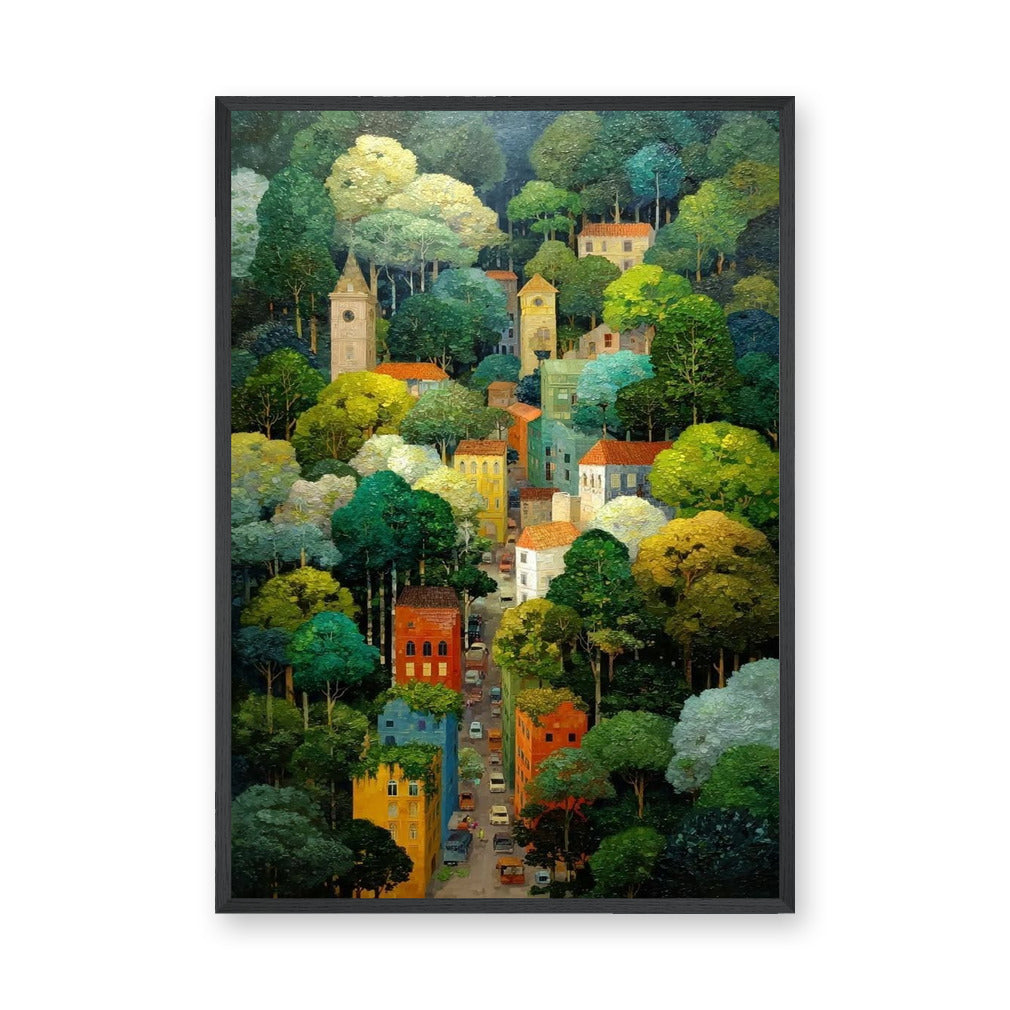 Cityscape Traditional Wall Art – Whimsical Forest Street with Towers